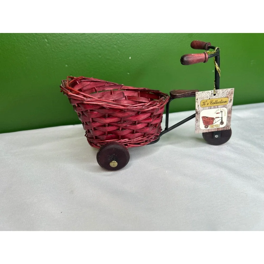 K's Collection Wire and Wicker Miniature Tricycle Decor Red Basket 1042381